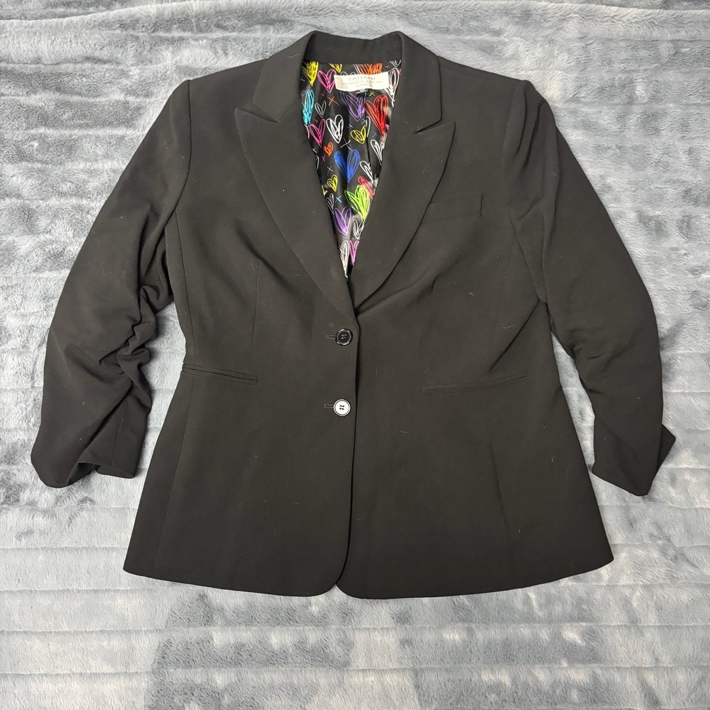 Tahari Arthur S Levine Black Blazer Ruched Sleeve Heart Print Lining 14P Petite